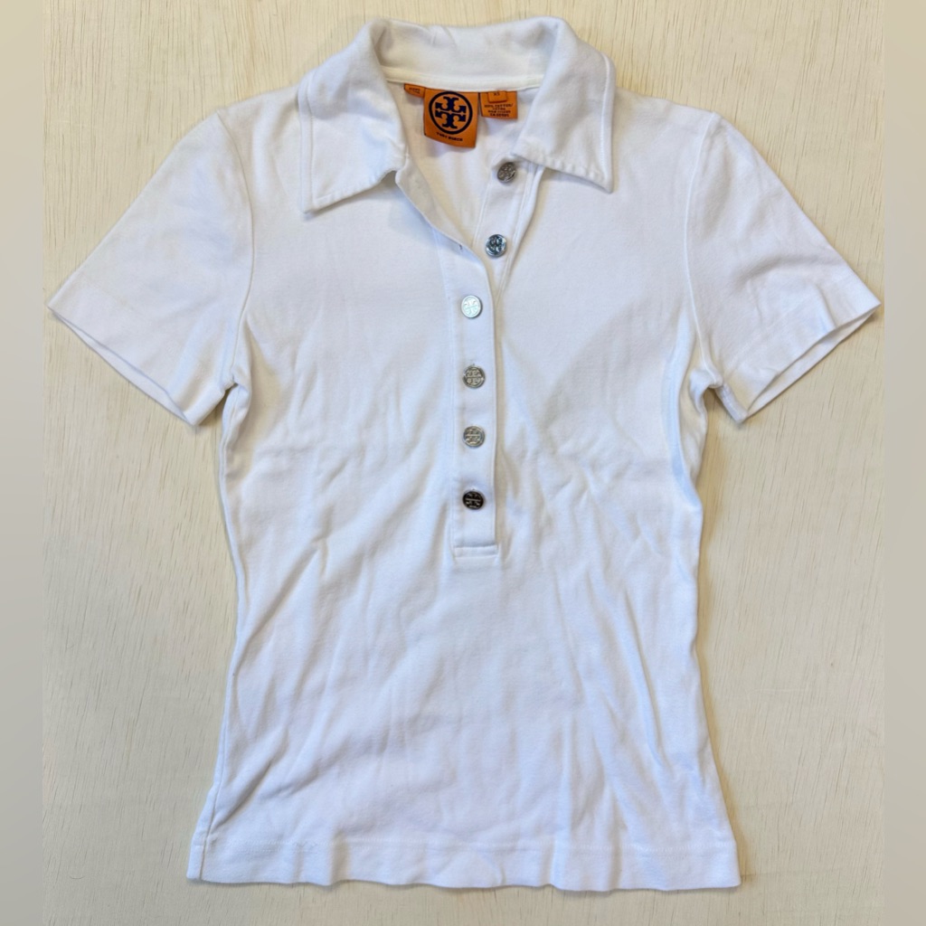 Tory Burch White Short Sleeve Polo Top With Silver Logo Buttons Size Xs